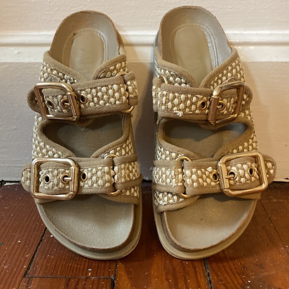 Zara slides with chunky gold buckles / leather and woven fabric - Picture 6 of 7